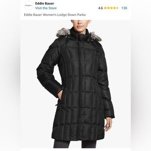 Eddie Bauer Women’s Lodge Down Parka; Black; L; Faux Fur Removable Hood
